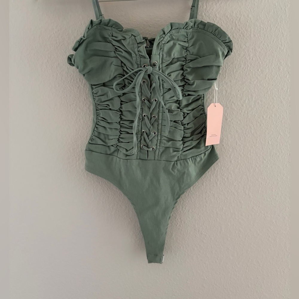 Ruched Lace-Up Olive Green Bodysuit